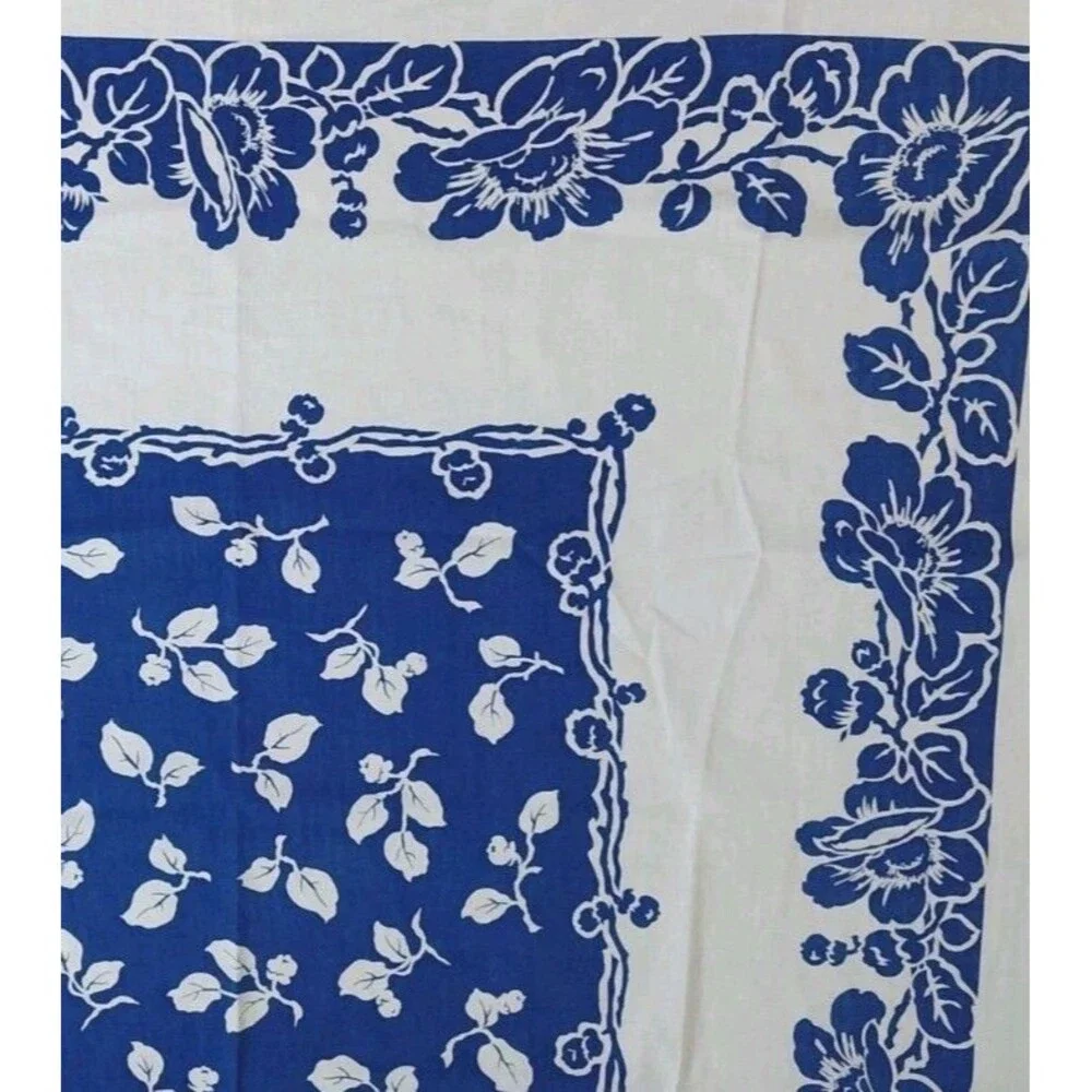 Vtg Blue White Floral Table Cloth Square Bridge Table 1950's 44x46